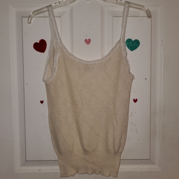 5 for $20 Y2K Style Pastel Yellow Floral Knit Tank Top with Ribbed and Lace Trim - Picture 7 of 16